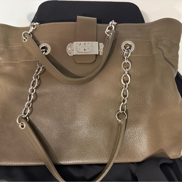 Furla Handbags - Furla Zip Top Tote Taupe Pebbled Shoulder Bag Silver Hardware Chain Logo Plaque